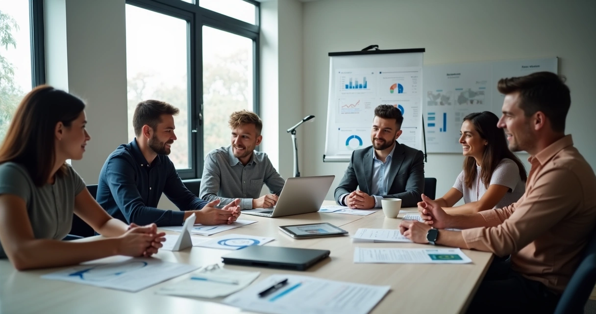 Franqueados reunidos discutindo campanha de compra coletiva em sala moderna com laptop e gráficos na tela 