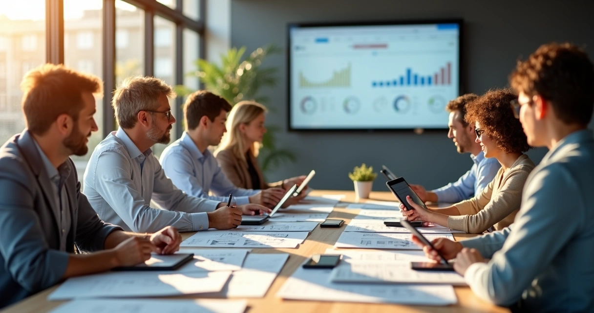 Franqueados sentados à mesa analisando ofertas de fornecedores