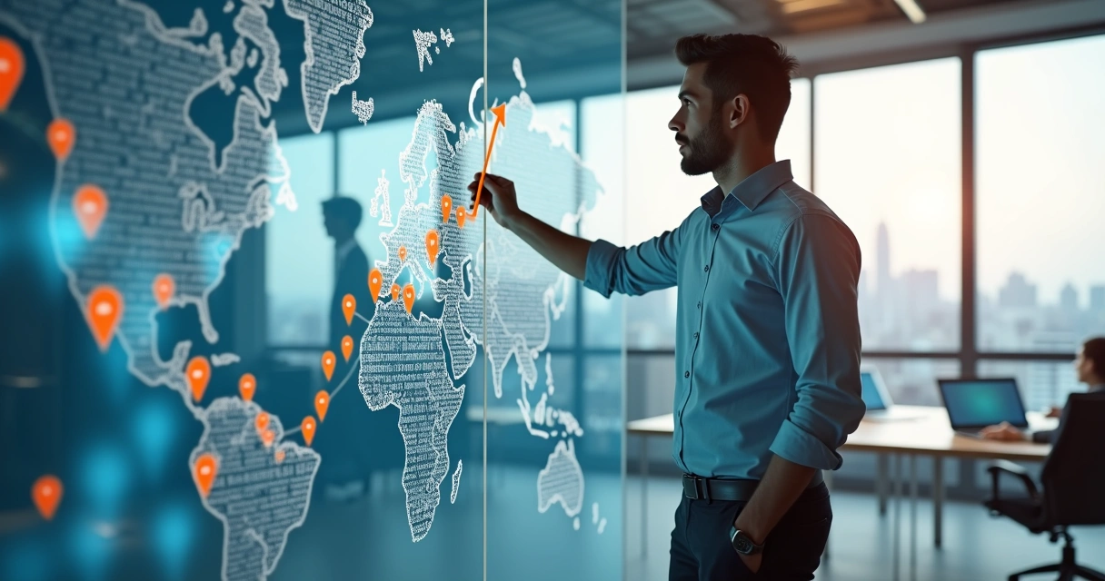 Dono de agência de marketing apontando para mapa de expansão com franquias conectadas 