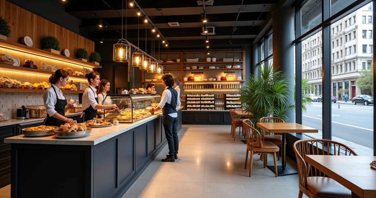 Balcão de cafeteria moderna com clientes sendo atendidos por funcionários uniformizados, vitrines de doces e pães, decoração com plantas e iluminação aconchegante