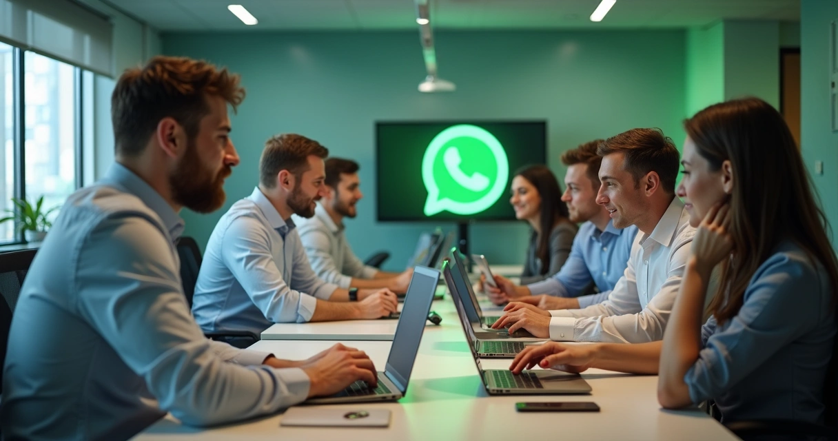 Equipe de franquia utilizando notebooks para responder clientes via WhatsApp 