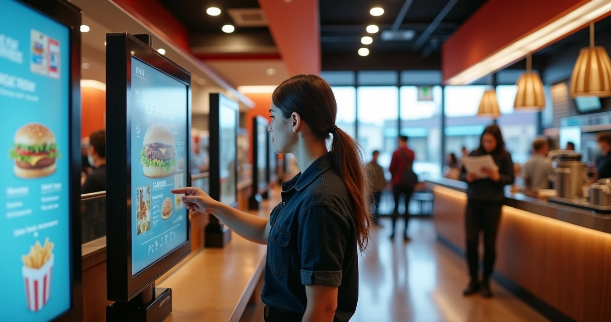Cliente usando totem de autoatendimento em franquia de restaurante 