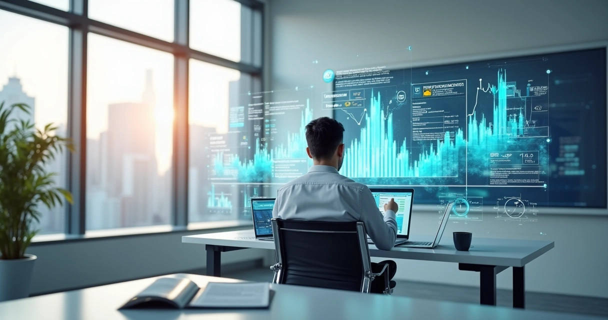 Profissional de negócios analisando gráficos financeiros em escritório moderno com elementos tecnológicos 