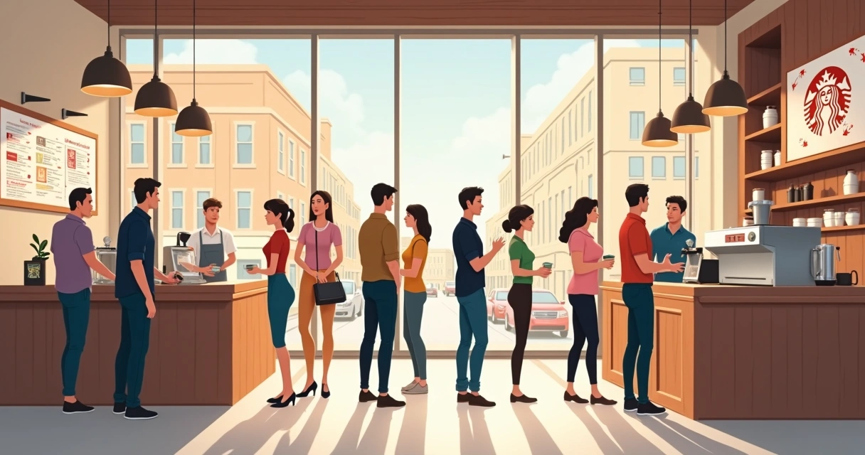 Ilustração de uma cafeteria moderna e movimentada com clientes sendo atendidos enquanto funcionários organizam o caixa e produtos empilhados nas prateleiras. 