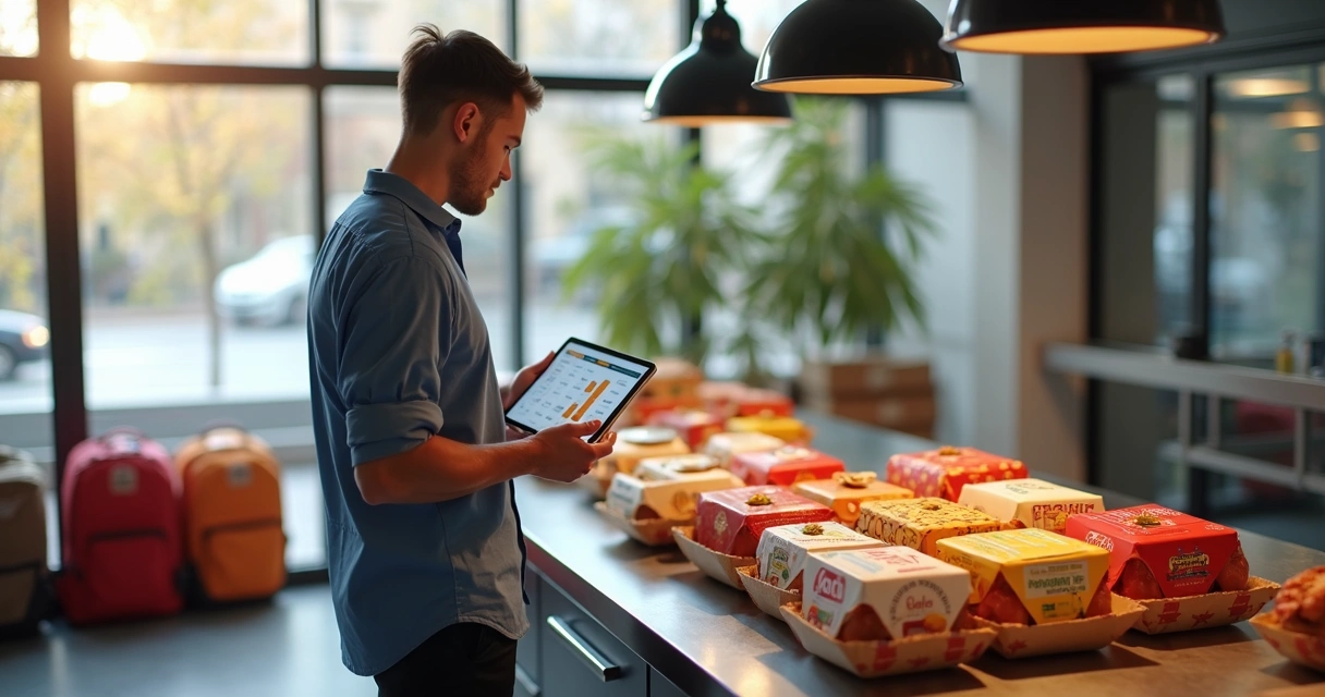 Gestor de franquia de delivery analisando vários pedidos de marcas diferentes em um tablet 