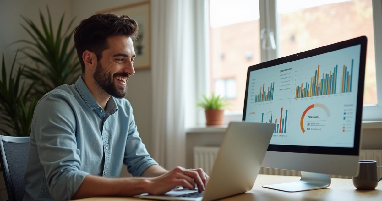 Empreendedor em home office sorrindo com notebook, gráficos de crescimento e ambiente confortável 