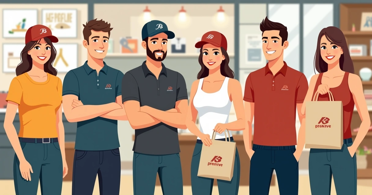 Equipe de franquia usando camisetas padronizadas, bonés e ecobags com logo da marca 