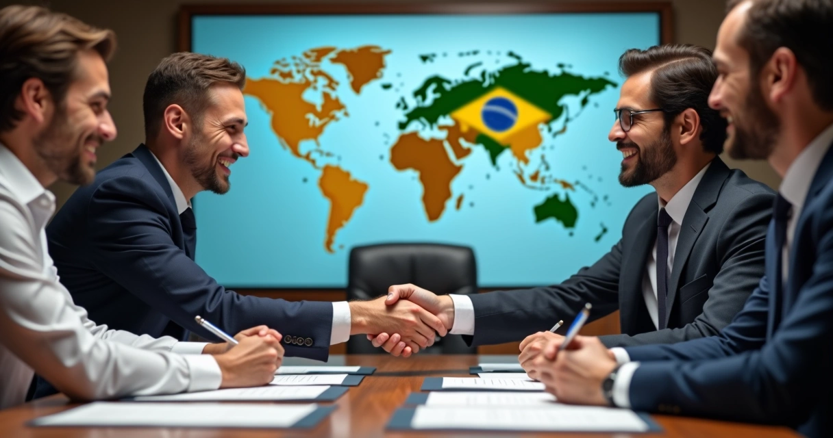 Representantes de franquia brasileira assinando acordo internacional 