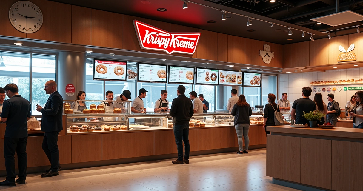 Interior de loja Krispy Kreme moderna e interativa com fila de clientes 