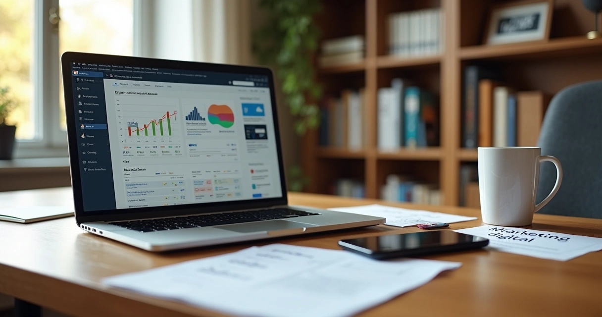 Mesa com notebook, uma xícara ao lado e anotações sobre marketing digital 