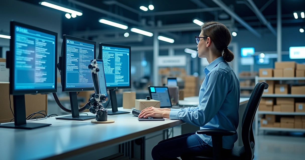 Funcionário de franquia operando sistema automatizado de pedidos 