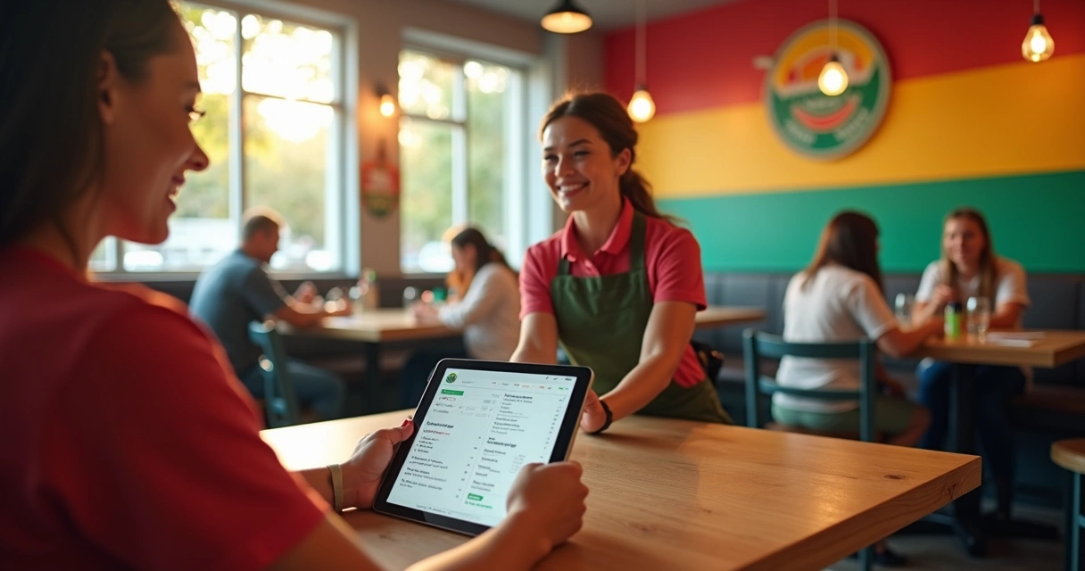 Restaurante moderno com cardápio digital na mesa e equipe trabalhando 