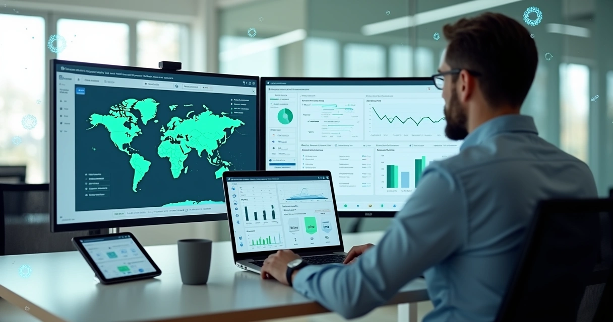 Gestor acompanha no notebook a operação padronizada de várias franquias com tecnologia e IA 
