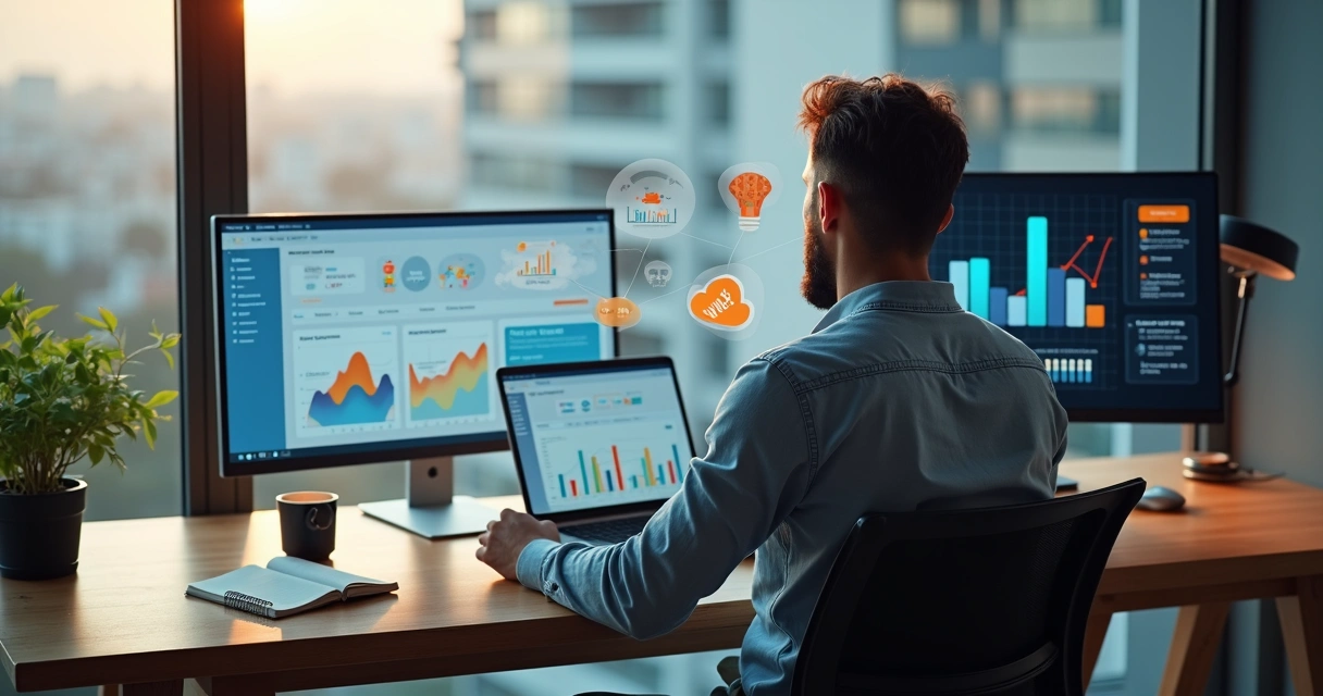 Empreendedor avaliando franquia de tecnologia em home office com gráficos de crescimento 