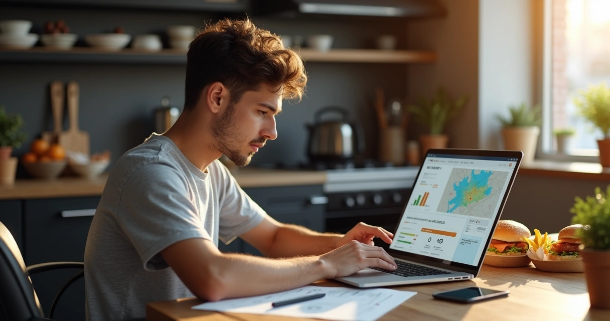 Empreendedor analisando franquias baratas de alimentação com foco em delivery e dark kitchen 