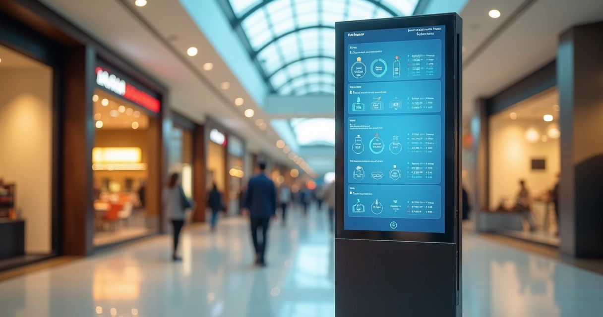 Galeria de lojas em shopping mostrando controle de ponto centralizado em painel digital 