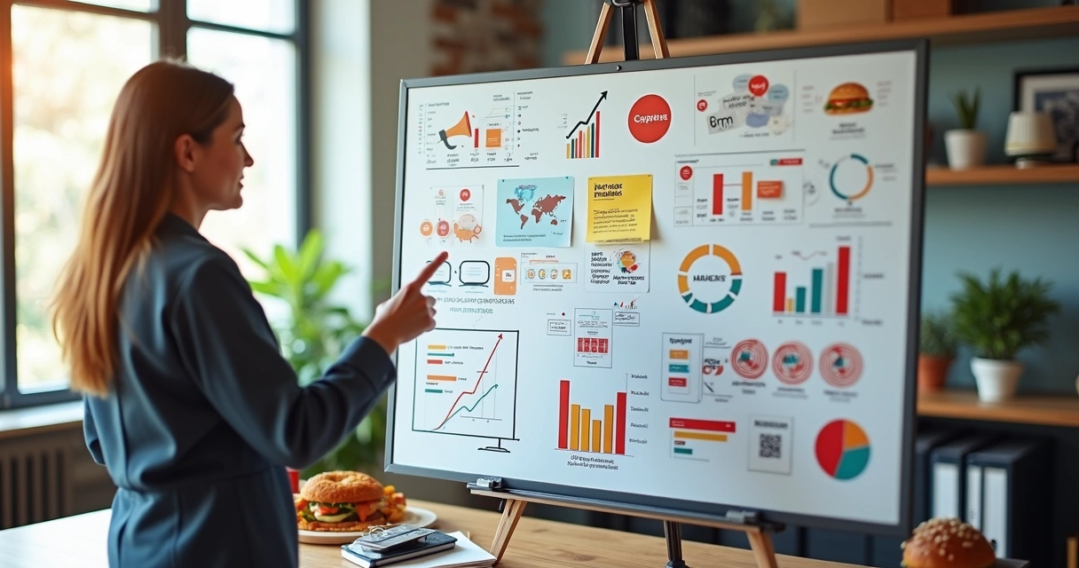 Pessoa demonstrando estratégias de marketing em quadro branco com gráficos e anotações coloridas 