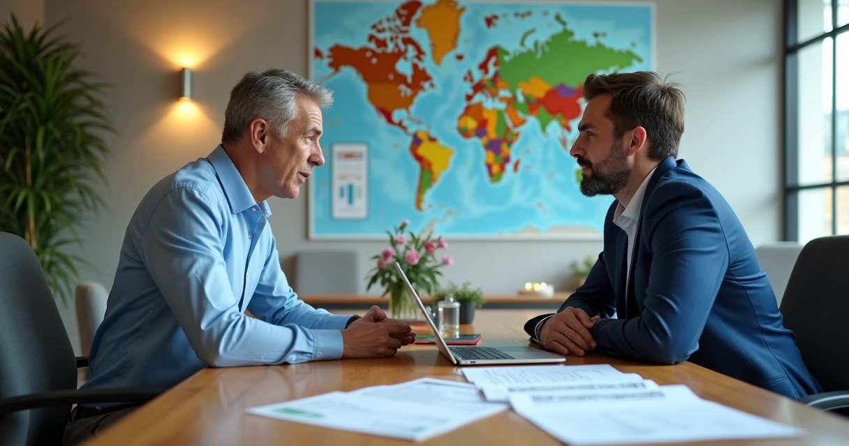 Tudo sobre franquias nos EUA: vantagens e cuidados necessários 1 Franqueado conversando com consultor em escritório moderno, mapa dos EUA e gráficos ao fundo