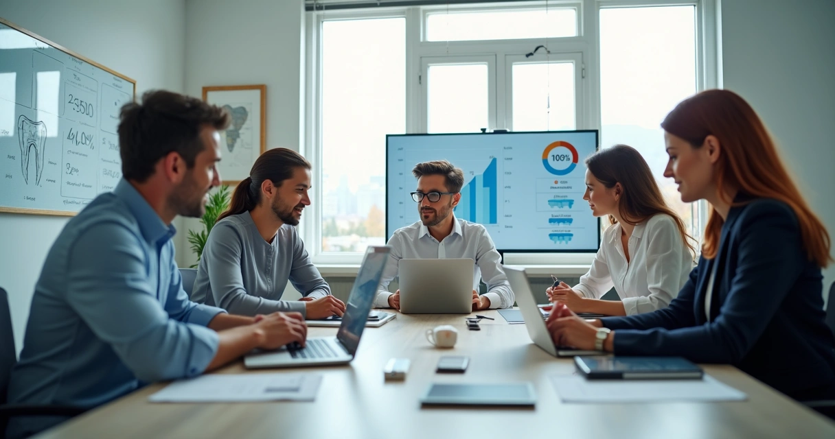 Consultores em reunião estratégica sobre franquias odontológicas no escritório moderno com gráficos e laptops 