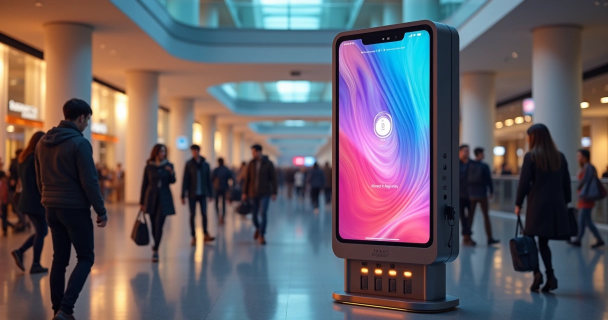 Totem digital exibindo anúncios em local público com pessoas ao redor 