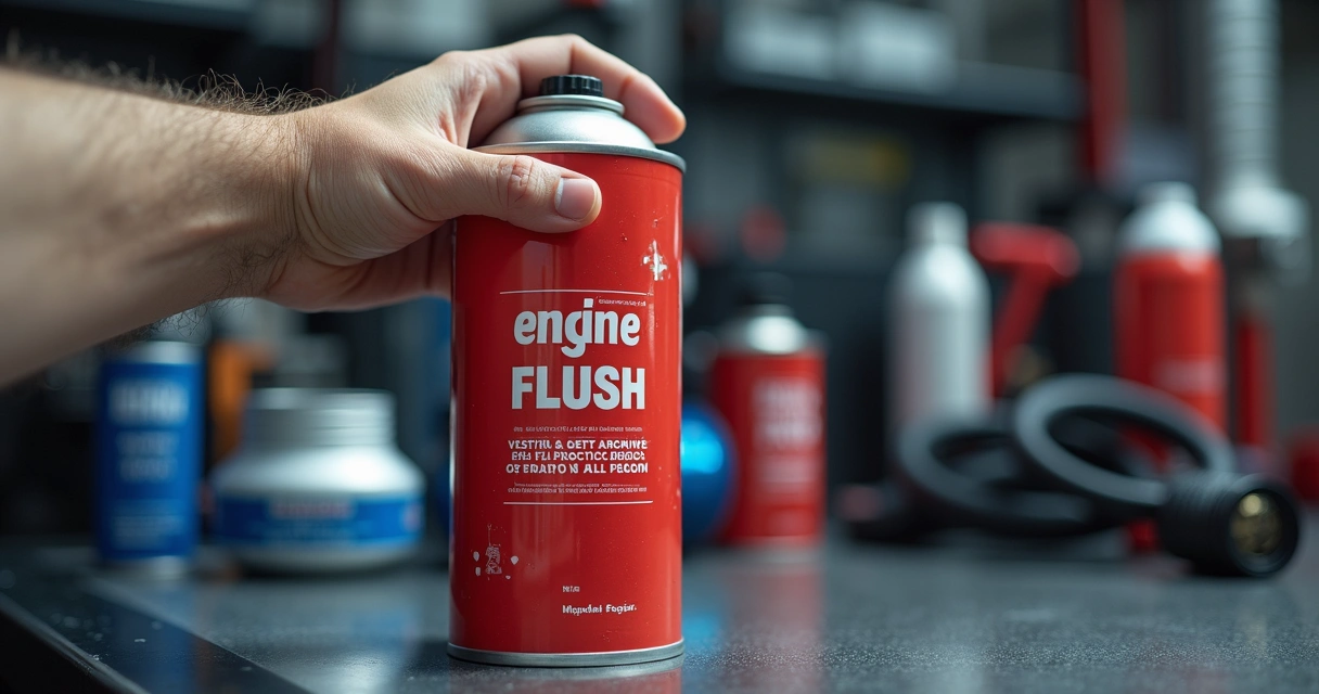 Mão segurando frasco de aditivo para limpeza de motor em oficina