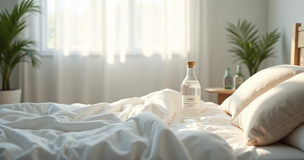Frasco de água para lençóis sobre a cama, com almofadas e luz suave 