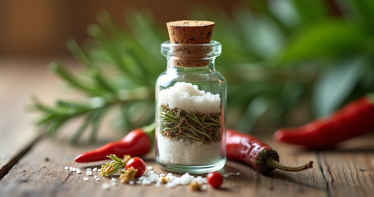 Frasco de vidro pequeno com ervas secas e sal grosso como amuleto. 