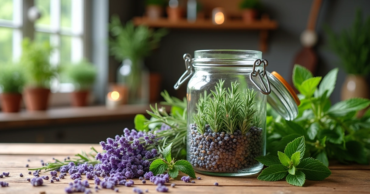 Frasco de vidro com ervas e líquido aromatizador sobre mesa de madeira 