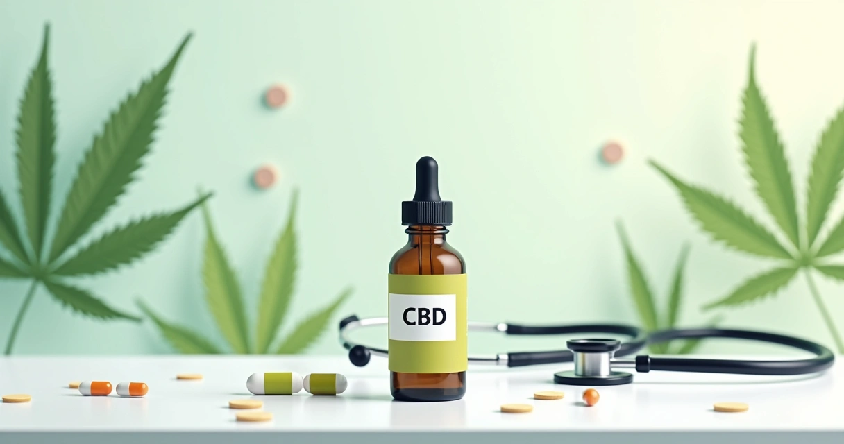 Frasco de canabidiol em forma de medicamento sobre uma mesa 