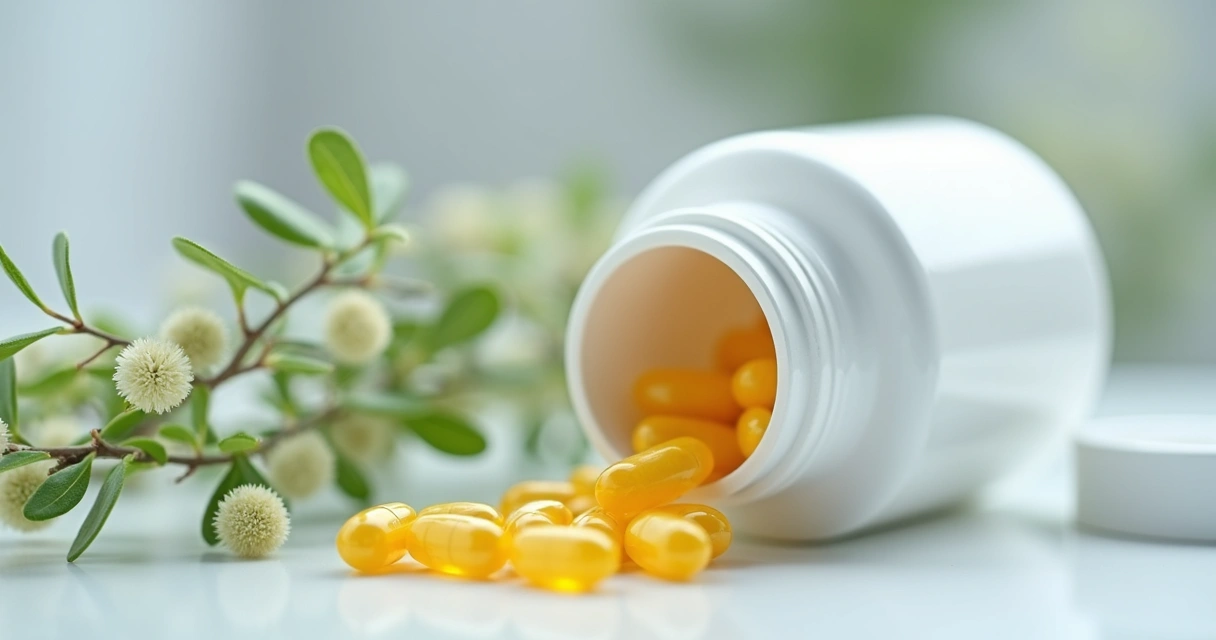 Frasco com cápsulas amarelas de berberina ao lado de plantas medicinais