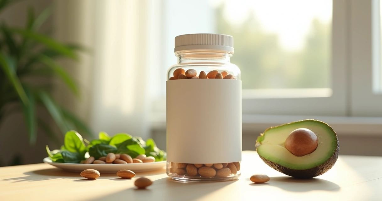 Frasco de cápsulas de magnésio dimalato ao lado de alimentos naturais 