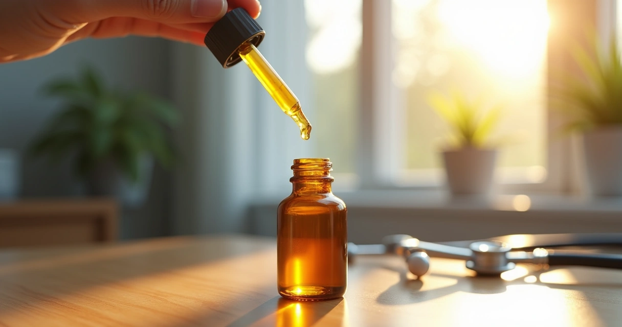 Frasco de óleo de CBD sobre uma mesa com gota caindo do conta-gotas