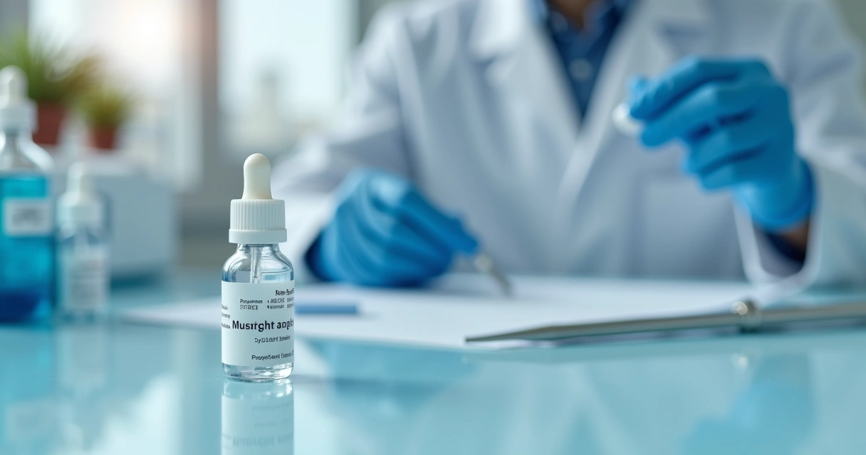 Frasco de colírio em bancada de laboratório 