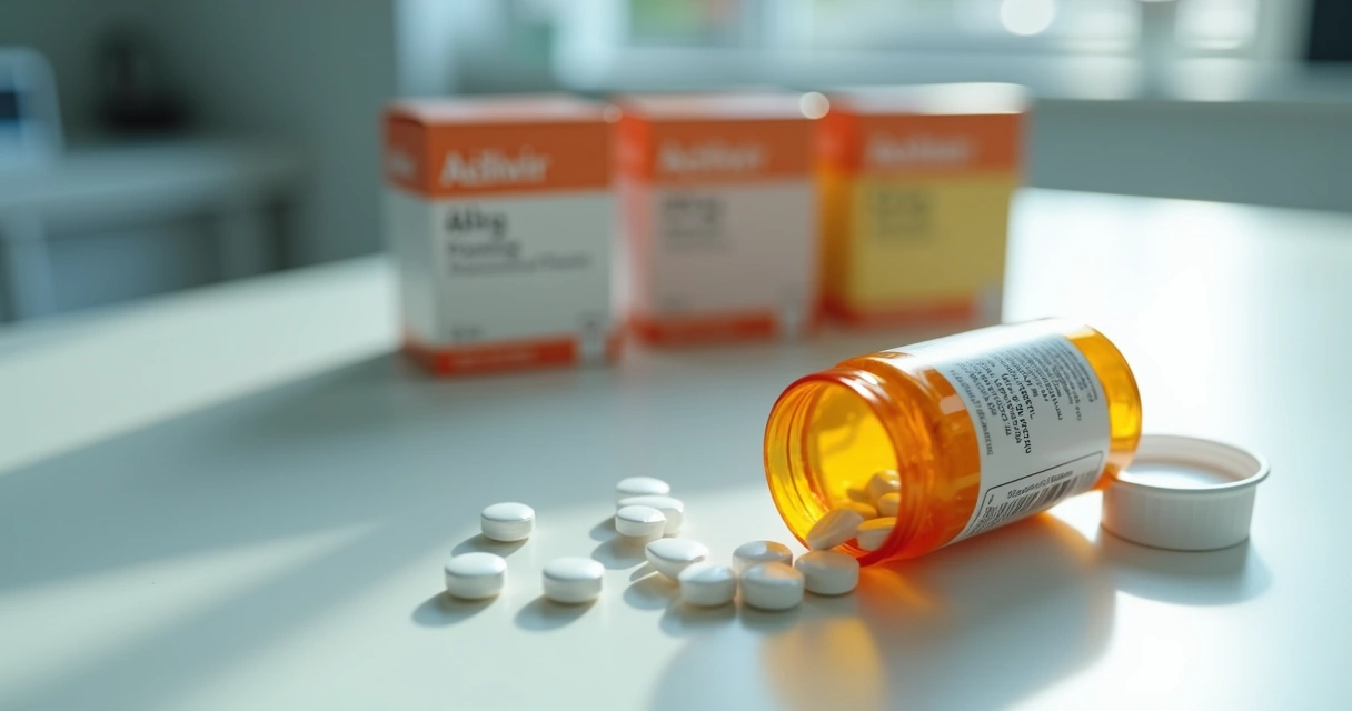 Frasco com comprimidos e caixas de medicamentos antivirais ao fundo 
