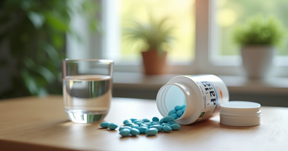 Frasco de comprimidos de PrEP ao lado de copo com água na mesa