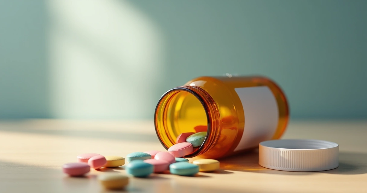 Frasco de vidro com comprimidos espalhados em mesa de madeira clara 