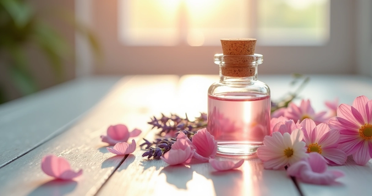 Frasco de vidro transparente com essência floral e flores ao redor