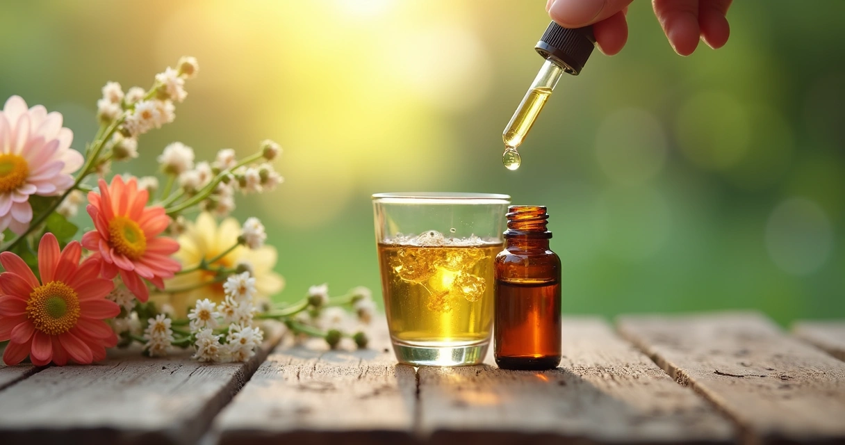 Frasco de essência floral sendo pingado em copo de água 