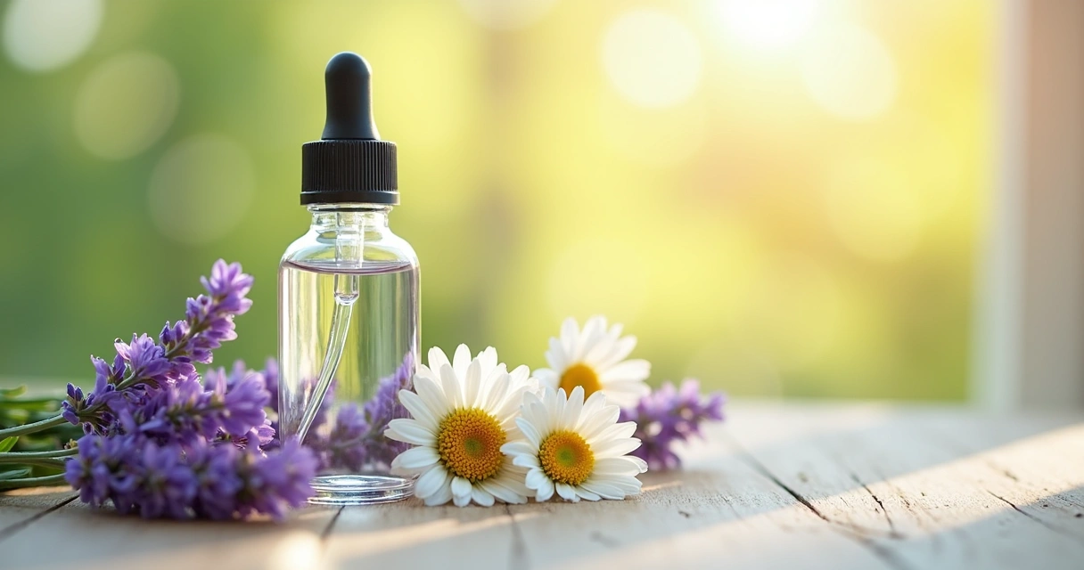 Frasco de floral ao lado de flores diversas em superfície de madeira clara 