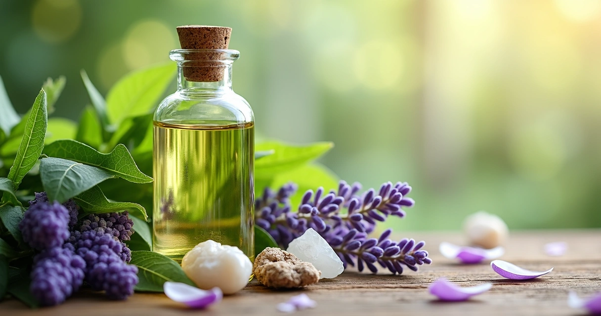 Frasco de fragrância com ervas, flores e cristais ao redor