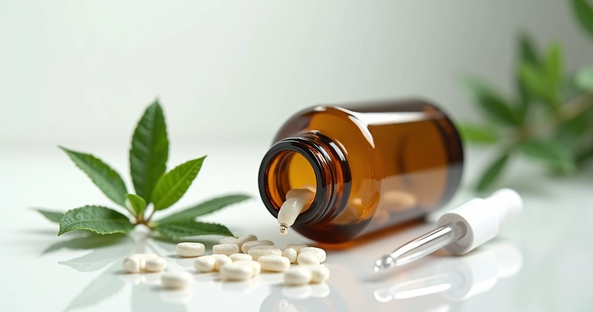 Frasco de vidro âmbar com medicamento homeopático em pé no fundo branco 