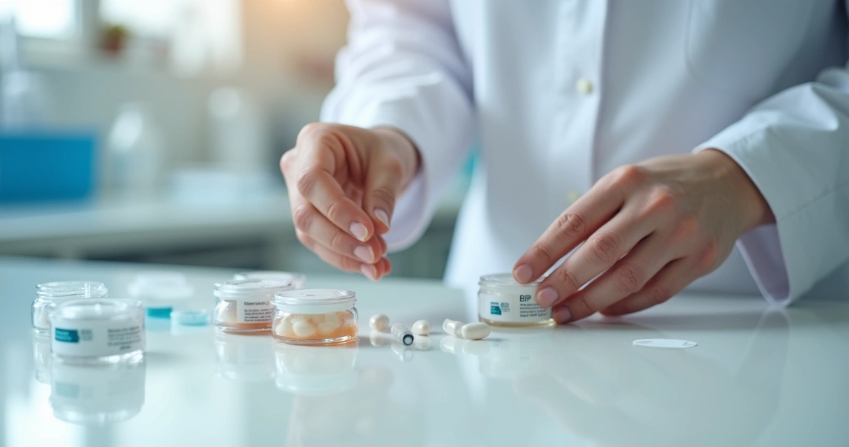 Frascos de hormônios manipulados sobre bancada branca