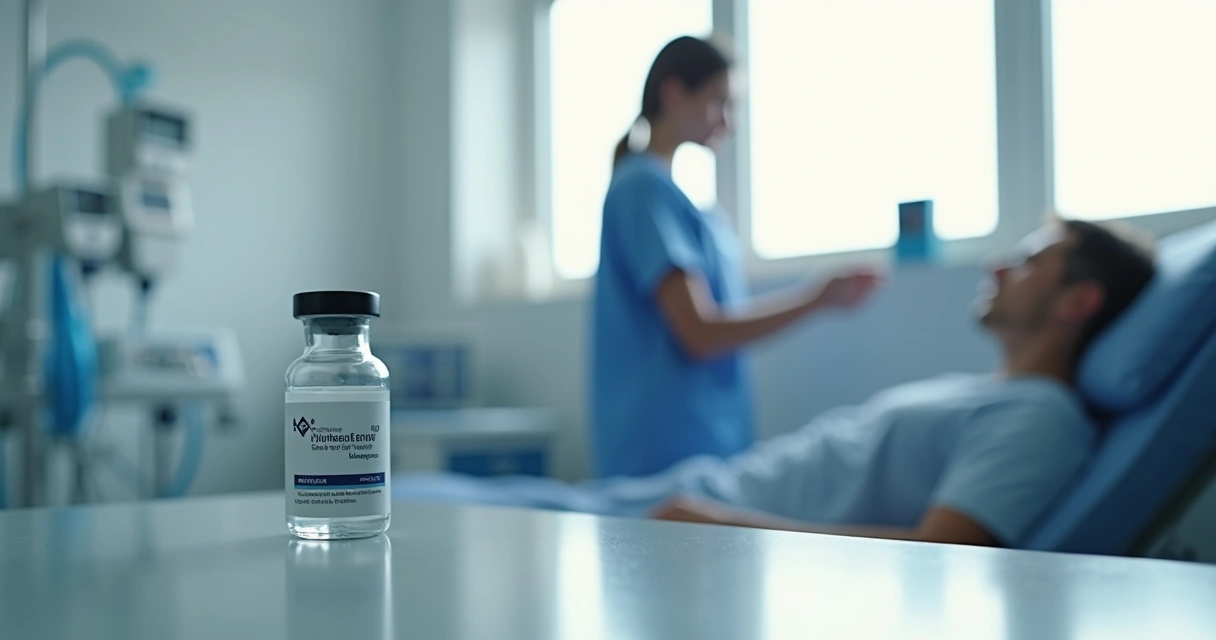 Frasco de medicamento Nivolumabe em ambiente hospitalar 