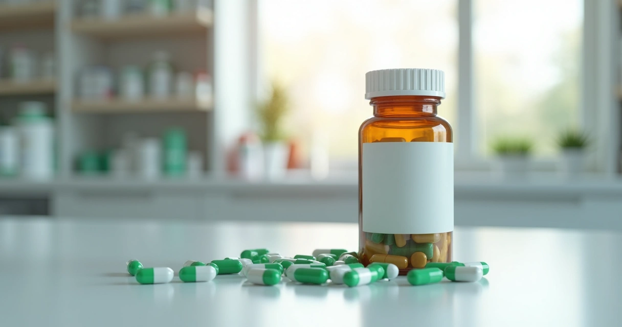 Frasco de medicamento manipulado ao lado de cápsulas 
