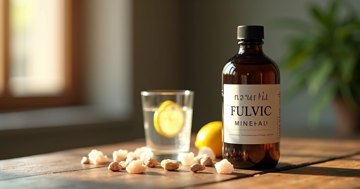 Frasco escuro com rótulo de suplementos minerais sobre mesa de madeira 