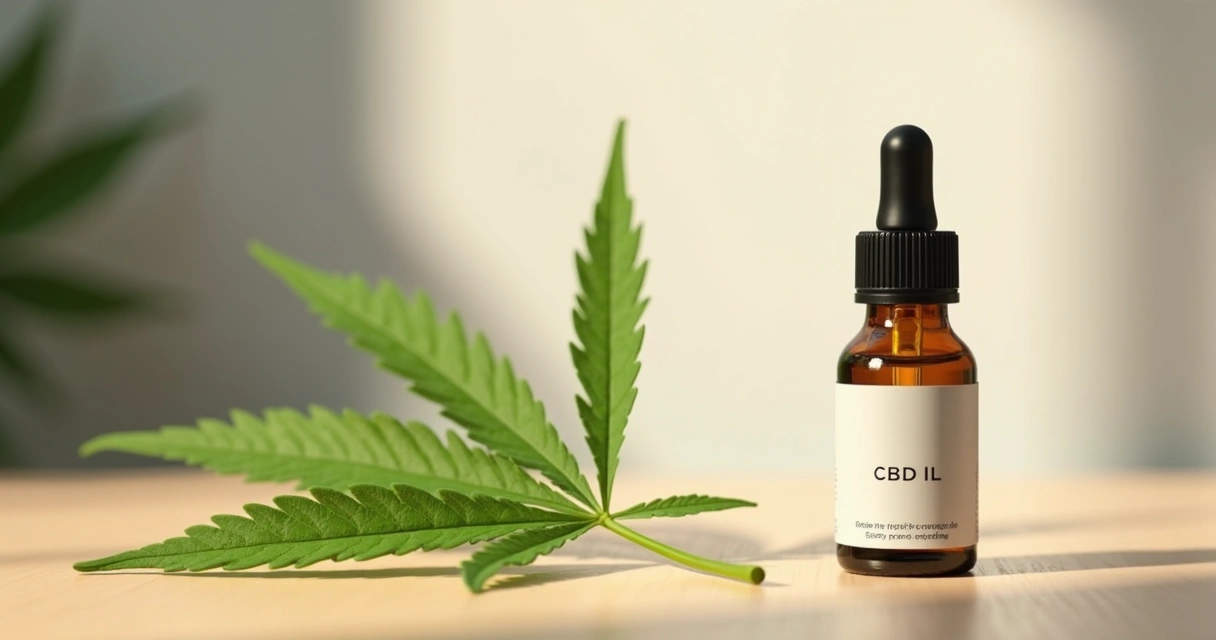 Frasco de óleo de canabidiol ao lado de uma folha de cannabis 