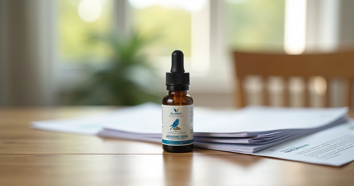 Frasco de óleo de canabidiol Bluebird Botanicals ao lado de documentos de importação 