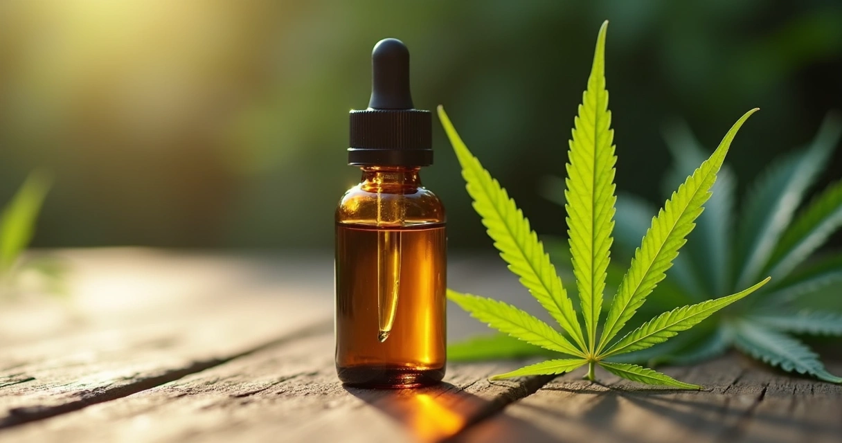 Frasco âmbar de óleo de cannabis com planta ao lado em superfície de madeira. 