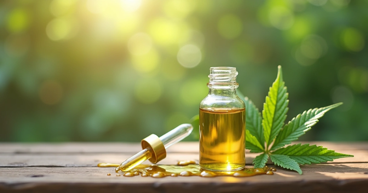 Frasco de óleo de canabidiol sobre mesa de madeira, com gotas de óleo ao redor 