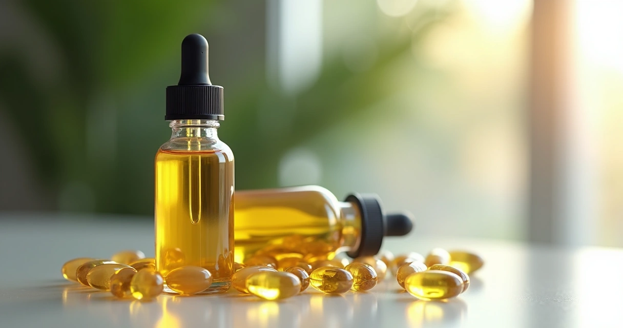 Frasco de óleo e cápsulas de CBD em primeiro plano 